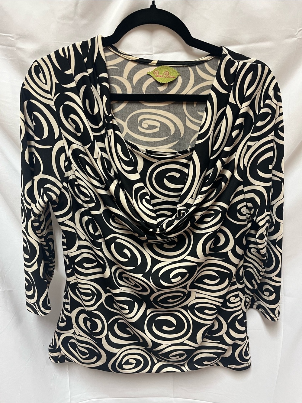 Cowl Neck Swirl-Print Blouse - Black & Cream